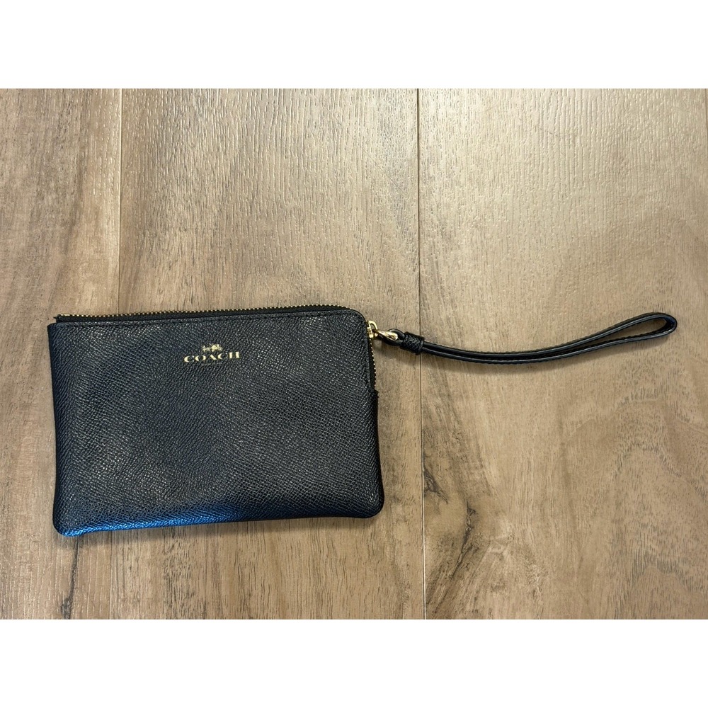 COACH Pebbled Leather Double Corner Zip Clutch Wristlet Black